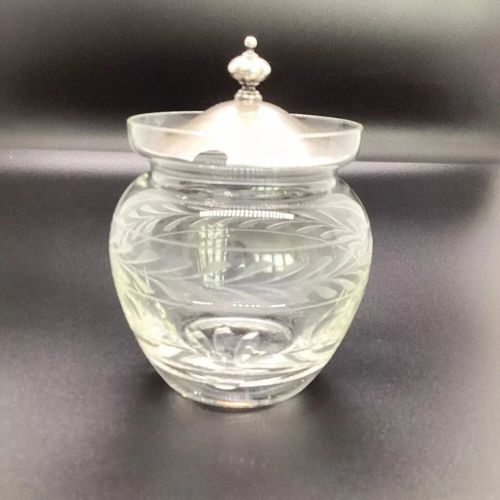 1950s Mid Century Etched Decorated Crystal & Sterling Silver Jam Jar